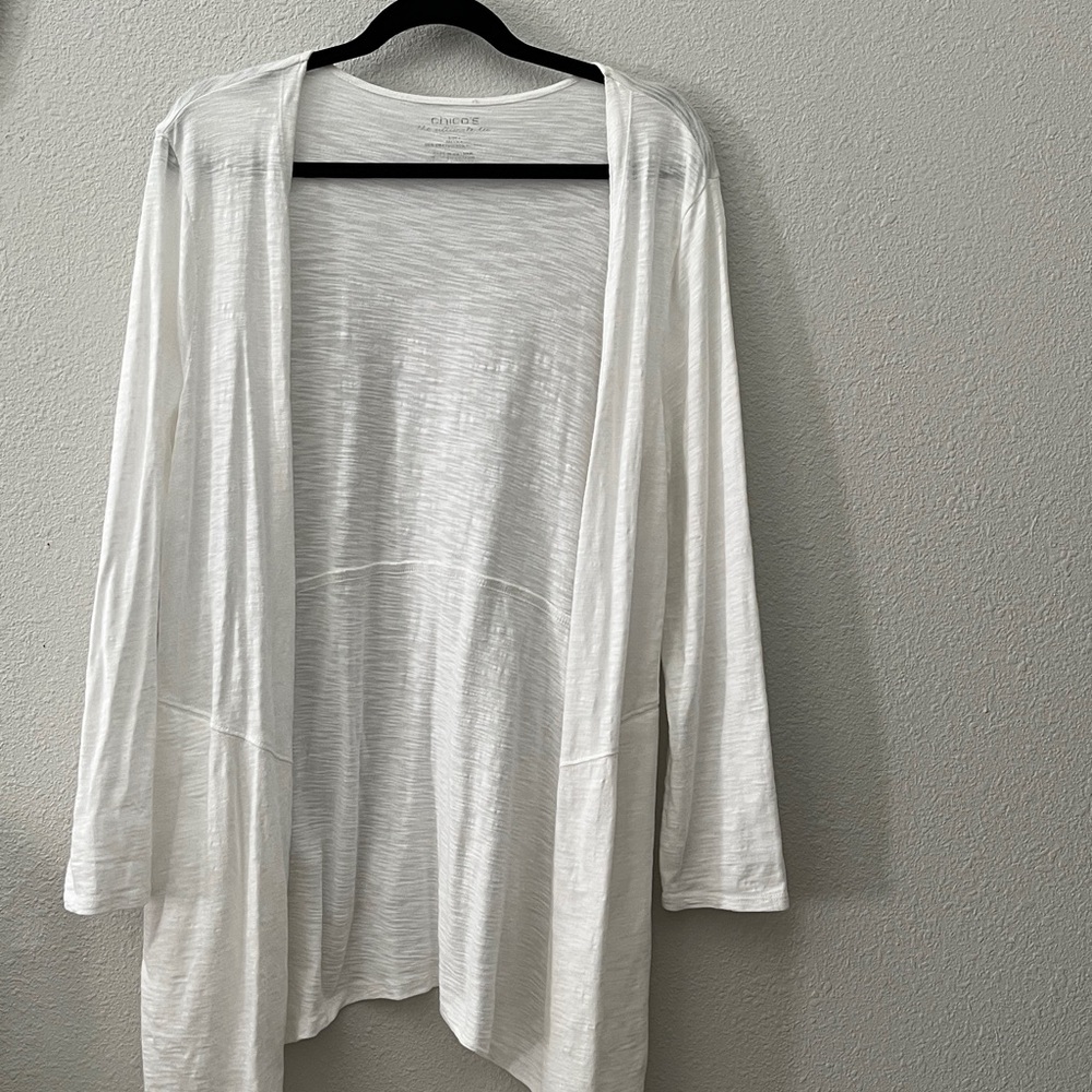 Chico's long line Open Front Cardigan 
White 
Sz M
Chicos Sz 1